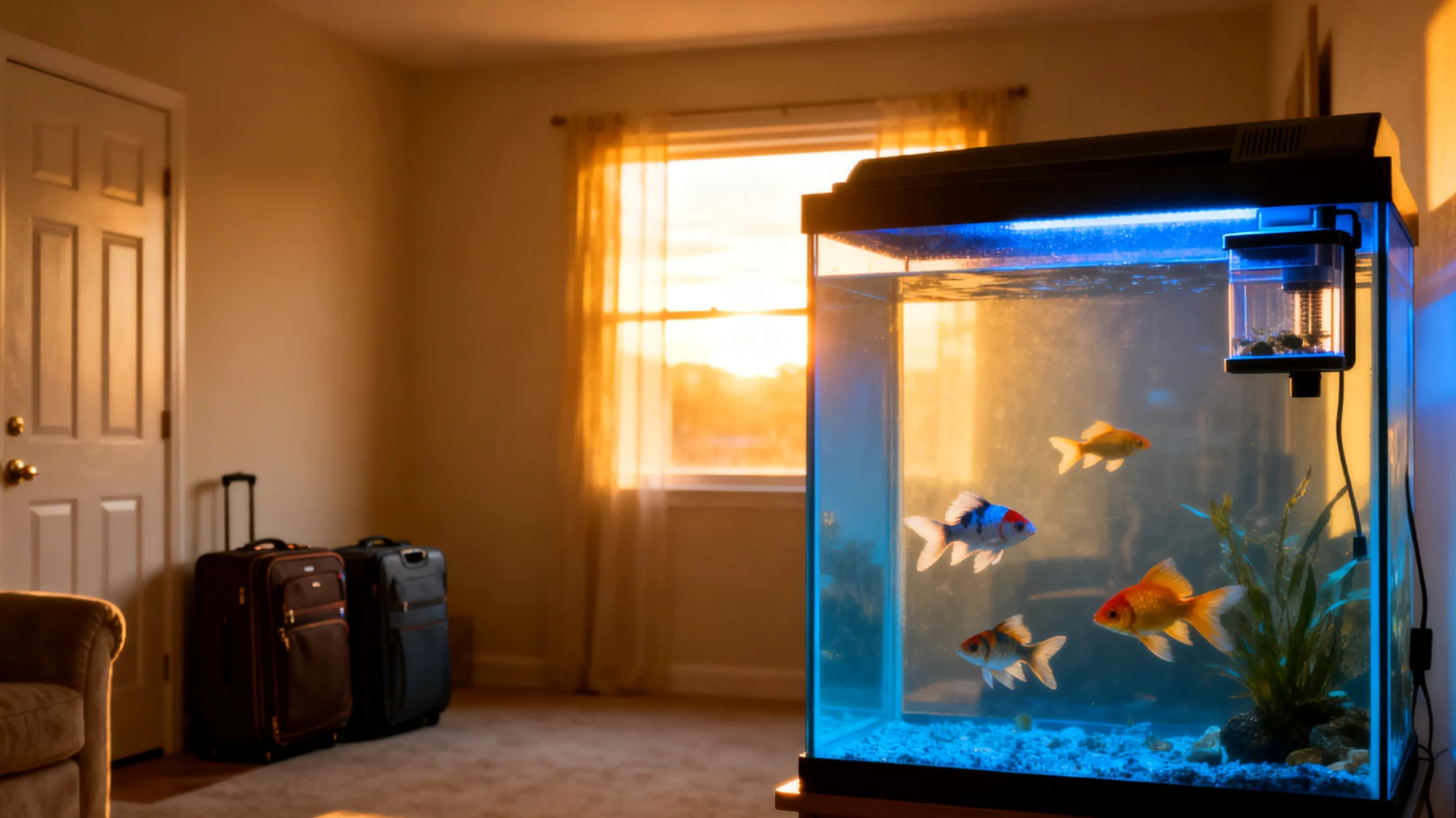 Fische können während einer Reise nicht mitgenommen werden und benötigen eine zuverlässige Versorgung durch automatische Futterspender oder Urlaubsvertretung, wobei Wasserqualität und Temperatur stabil bleiben müssen"