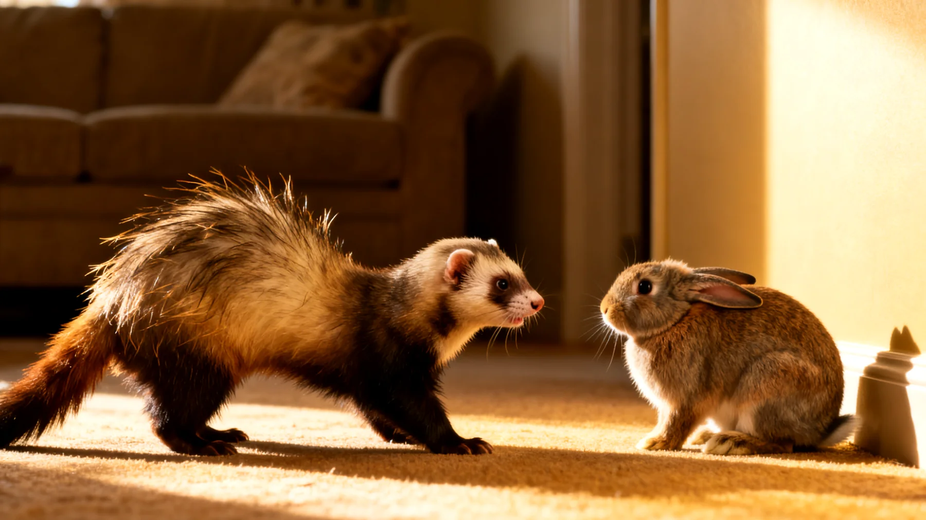 Frettchen zeigen bei der Eingewöhnung mit anderen Haustieren oft territoriales und dominantes Verhalten, was zu Konflikten führen kann, da sie von Natur aus Jäger sind und kleinere Tiere als Beute betrachten könnten"