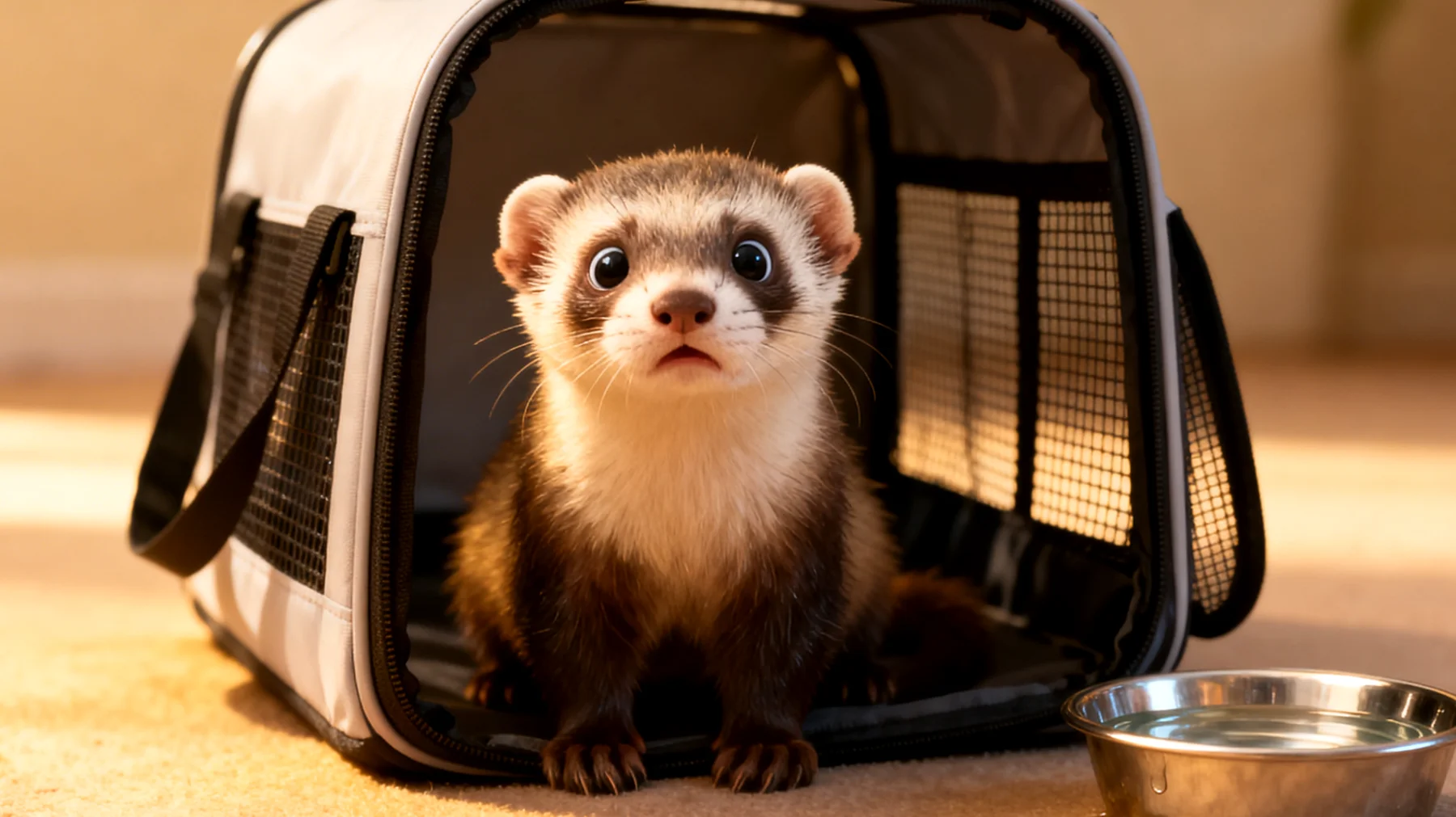 Frettchen leiden während Reisen häufig unter Stress, Dehydrierung und Verdauungsproblemen aufgrund der ungewohnten Umgebung und eingeschränkten Bewegungsmöglichkeiten im Transportbehälter"