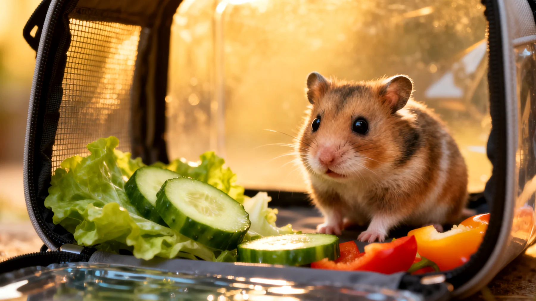 Hamster benötigen während einer Reise spezielle Ernährung, die stressfrei transportierbar ist und ihre empfindliche Verdauung nicht belastet, während gleichzeitig ausreichend Flüssigkeit durch wasserreiches Futter bereitgestellt werden muss"