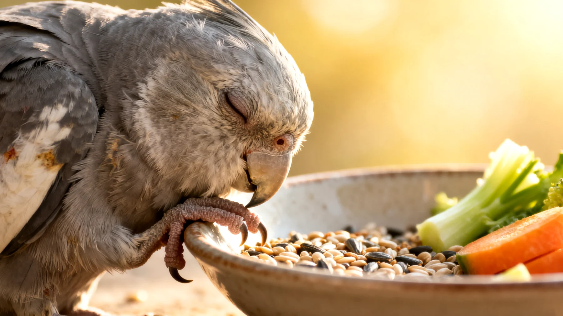 Ältere Nymphensittiche benötigen eine angepasste Ernährung mit leicht verdaulichen Körnern, zusätzlichen Vitaminen und Mineralstoffen sowie weicheren Futteroptionen, da sie oft an altersbedingten Verdauungsproblemen, Gelenkbeschwerden und nachlassender Schnabelkraft leiden"